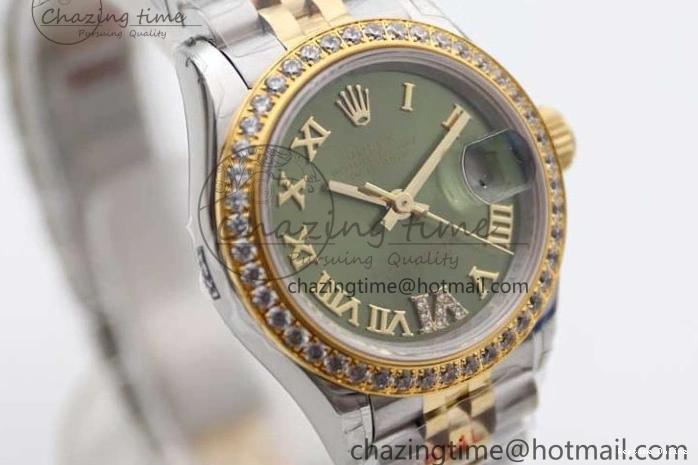 1219 Bright Lady DateJust 28 SS YG TWF Diamonds Bezel 1:1 Best Edition Green Dial Roman Markers on Jubilee Bracelet NH 2135